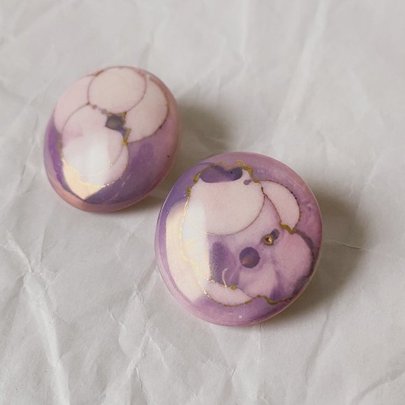 Vintage Handmade Abstract Pink Purple Painted Ceramic Large Circle Disc Earrings - Picture 2 of 6